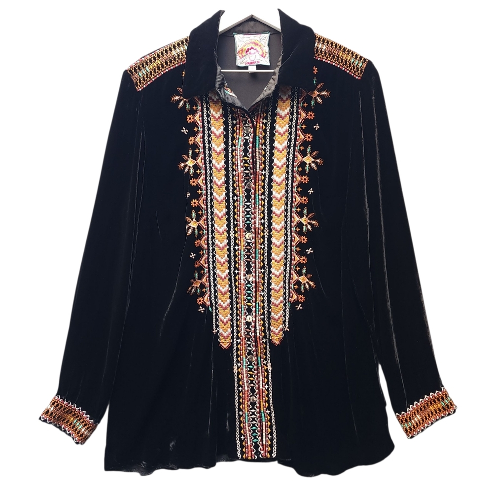 Johnny Was Chiri Embroidered Velvet Button-up Blouse - Picture 2 of 10